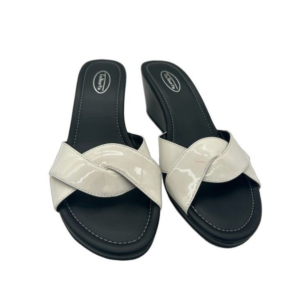 Talbots Wedge Sandals Women's Size 9.5 Cream Black Patent Leather Slides